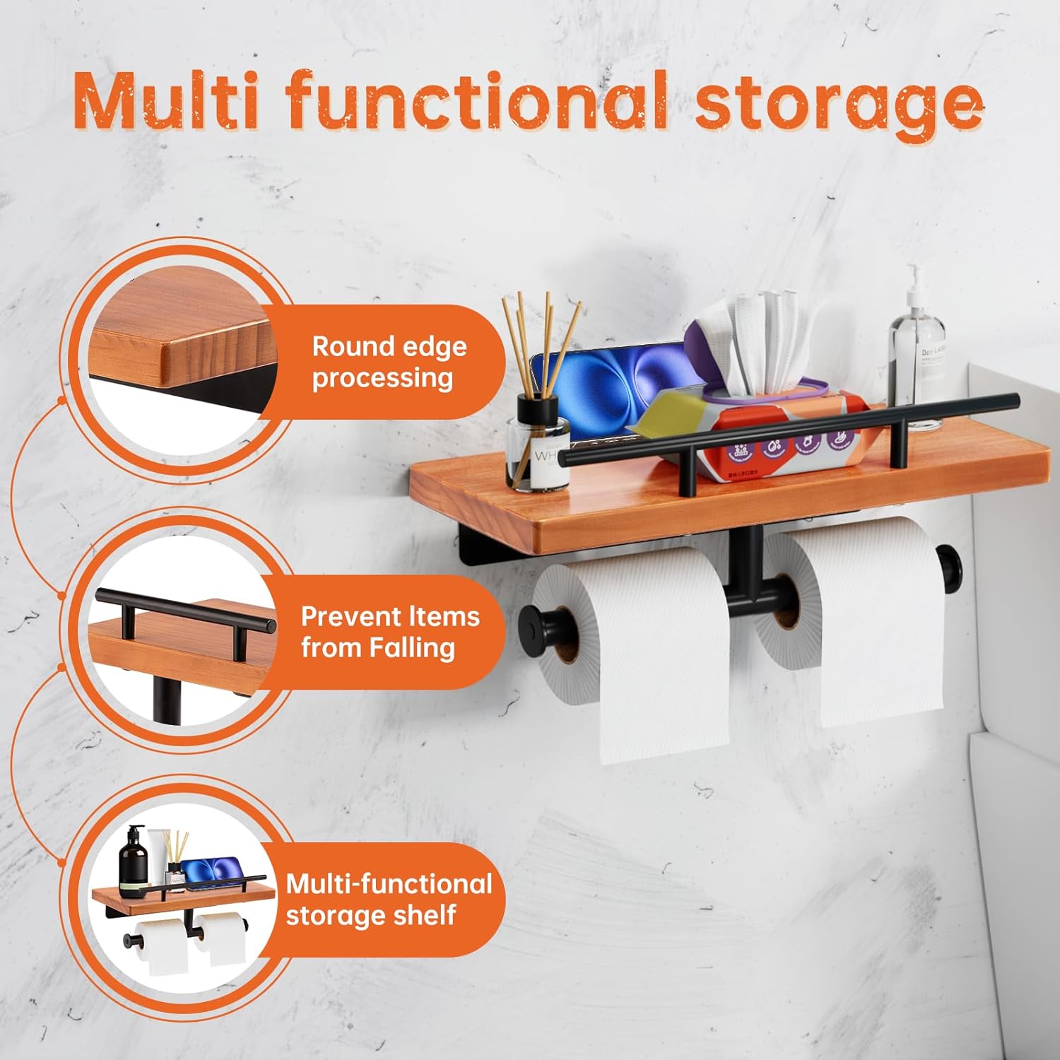 Toilet Paper Holder with Wood Shelf, Wall Mount Toilet Paper Roll Holder with Wooden Shelf and Matte Black Stainless Steel Pipe, Tissue Roll Holder for Bathroom Washroom (Light Brown, 13.8'' x 5.9'')