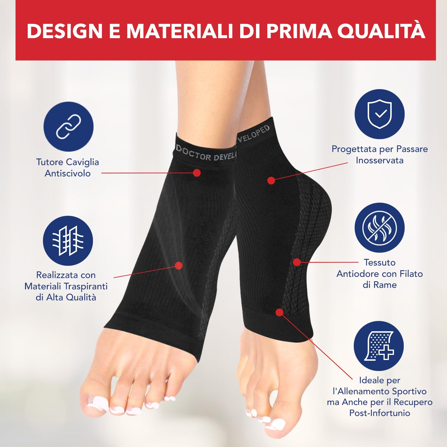 Cavigliera Ortopedica Ideata da Medici – Cavigliera Sportiva a Compressione per Distorsioni, Fascite Plantare o Dolore al Metatarso – Tutore Caviglia con Filamenti di Rame (Nero, 1 Paio, Taglia L)