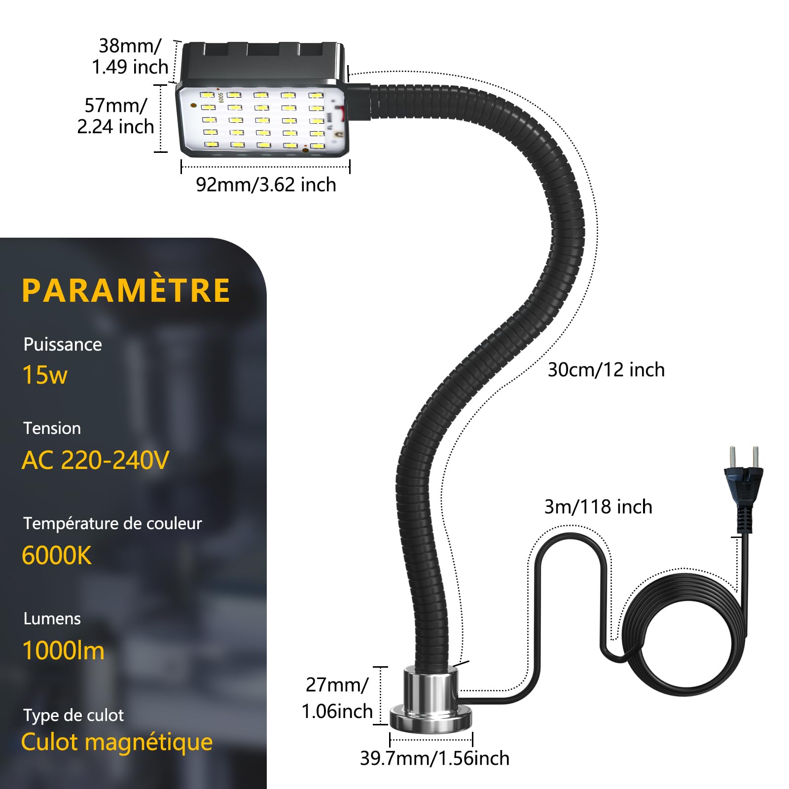 Lampe de travail magnétique, LED 15W 6000K pour machine, avec col de cygne flexible et base magnétique puissante, pour établi, couture, tour, barbecue, atelier, éclairage industriel