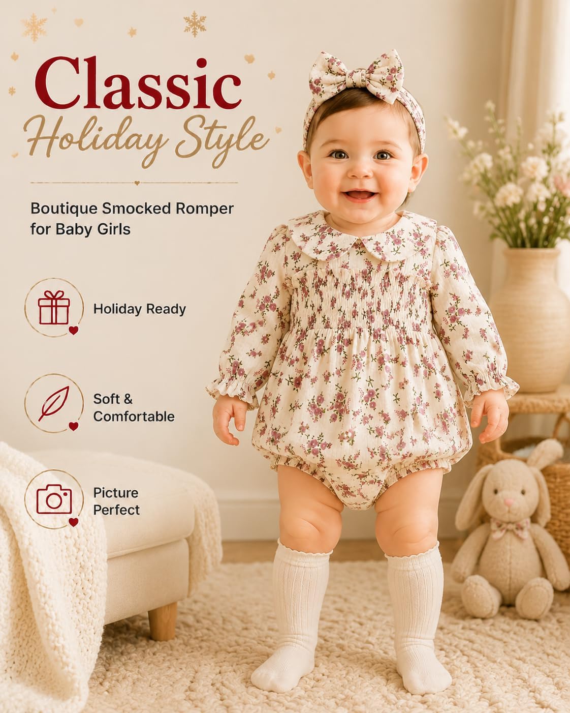Renotemy Baby Girl Clothes Fall Winter Outfits Smocked Romper Preemie-18M