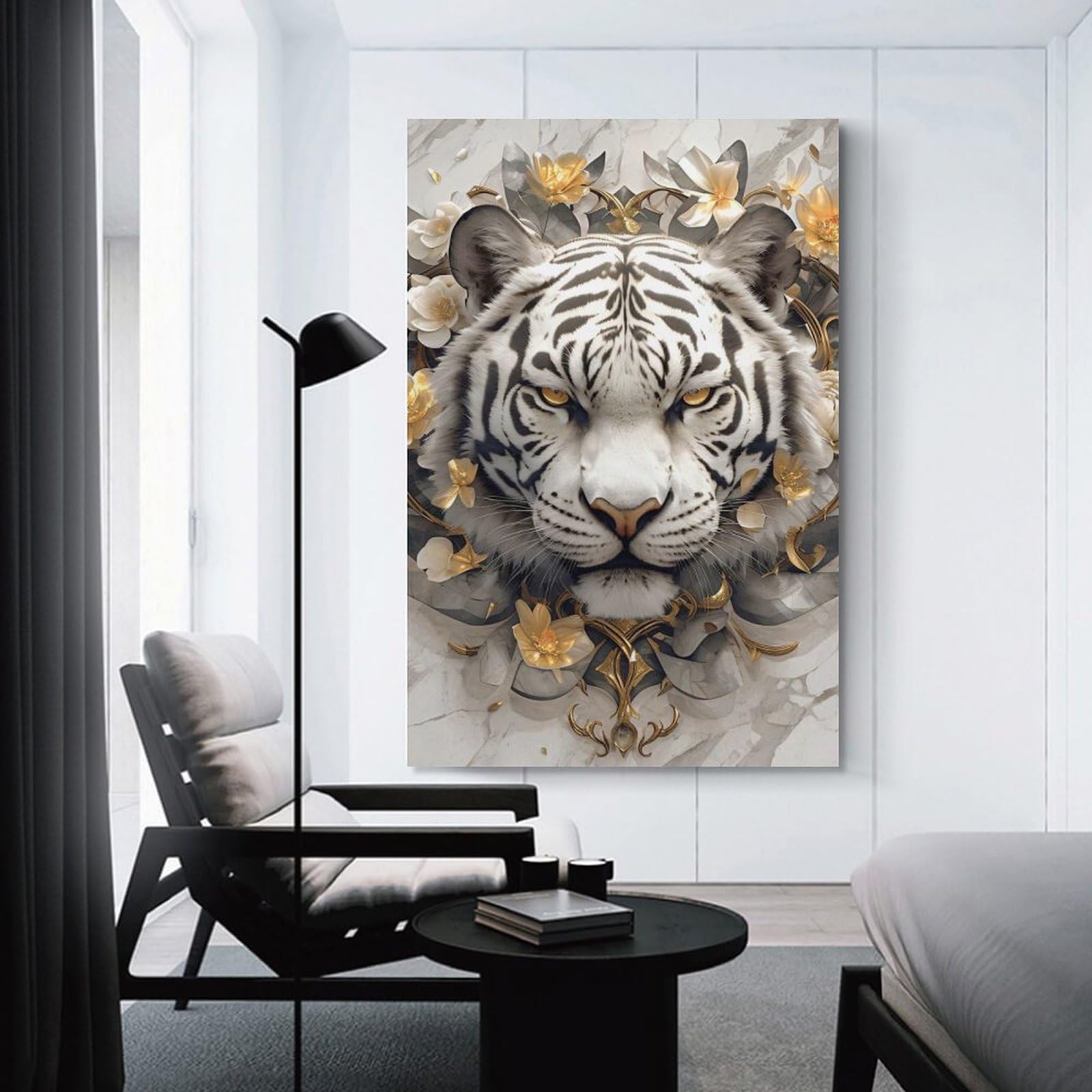 Junmoney White Tiger with Golden Floral Accents Canvas Art Print 24x36inch(60x90cm), for New Homes, Bedrooms Or Workspaces, Gift Idea for Housewarming And Birthdays