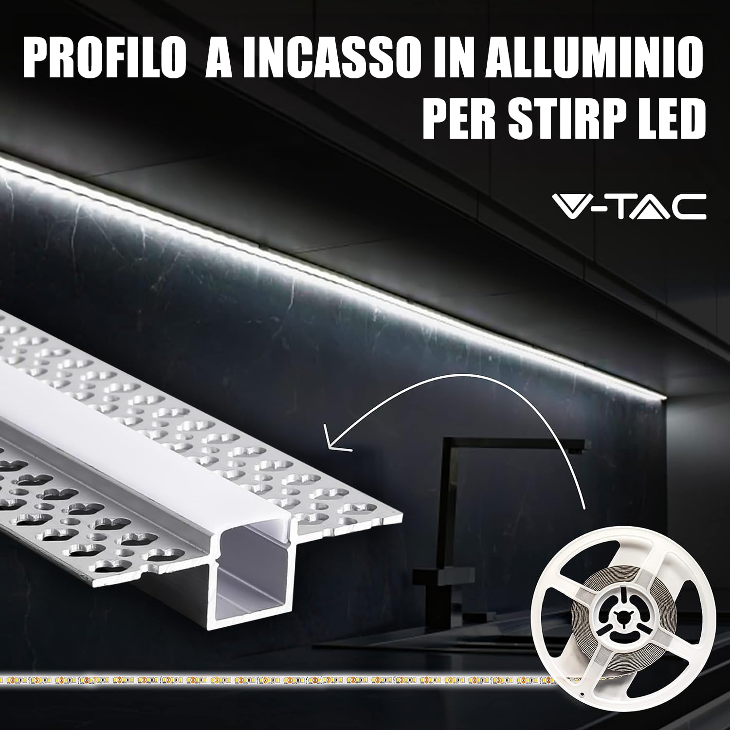 V-TAC 5x Profili per Strisce Led a Scomparsa da 2 METRI con Diffusore - (10 Metri Totali) - Profilo a Incasso da Parete e Soffitto per Striscia LED in Alluminio - Colore Argento - Misure 55 x 15 mm