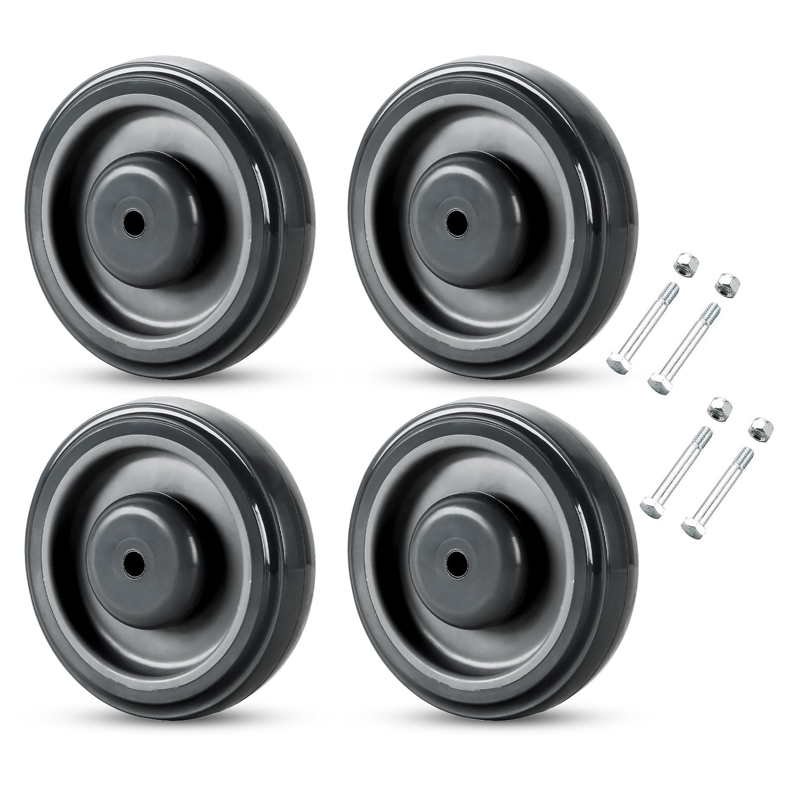 4 Pack Shopping Cart Replacement Wheels Kit 5-inch Diameter Wheels with Axles Bolt, Polyurethane Stepped and Full Tread Face w/Double Ball Bearing Shopping Cart Wheel (Grey)