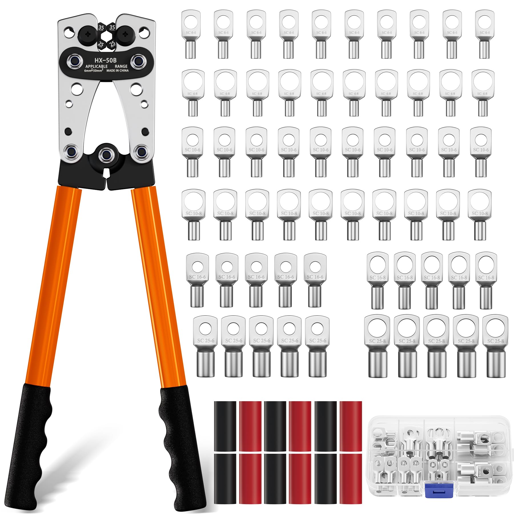 Koolcover Crimpzange Kabelschuhe Set,Groß Crimpwerkzeug,Hochleistungs-Crimper für Kabelschuhe,Rohrkabelschuh Zange,Crimpzange für Batteriekabel 6/10/16/25/35/50 mm² + 60stk (HX50B crimper+terminals)