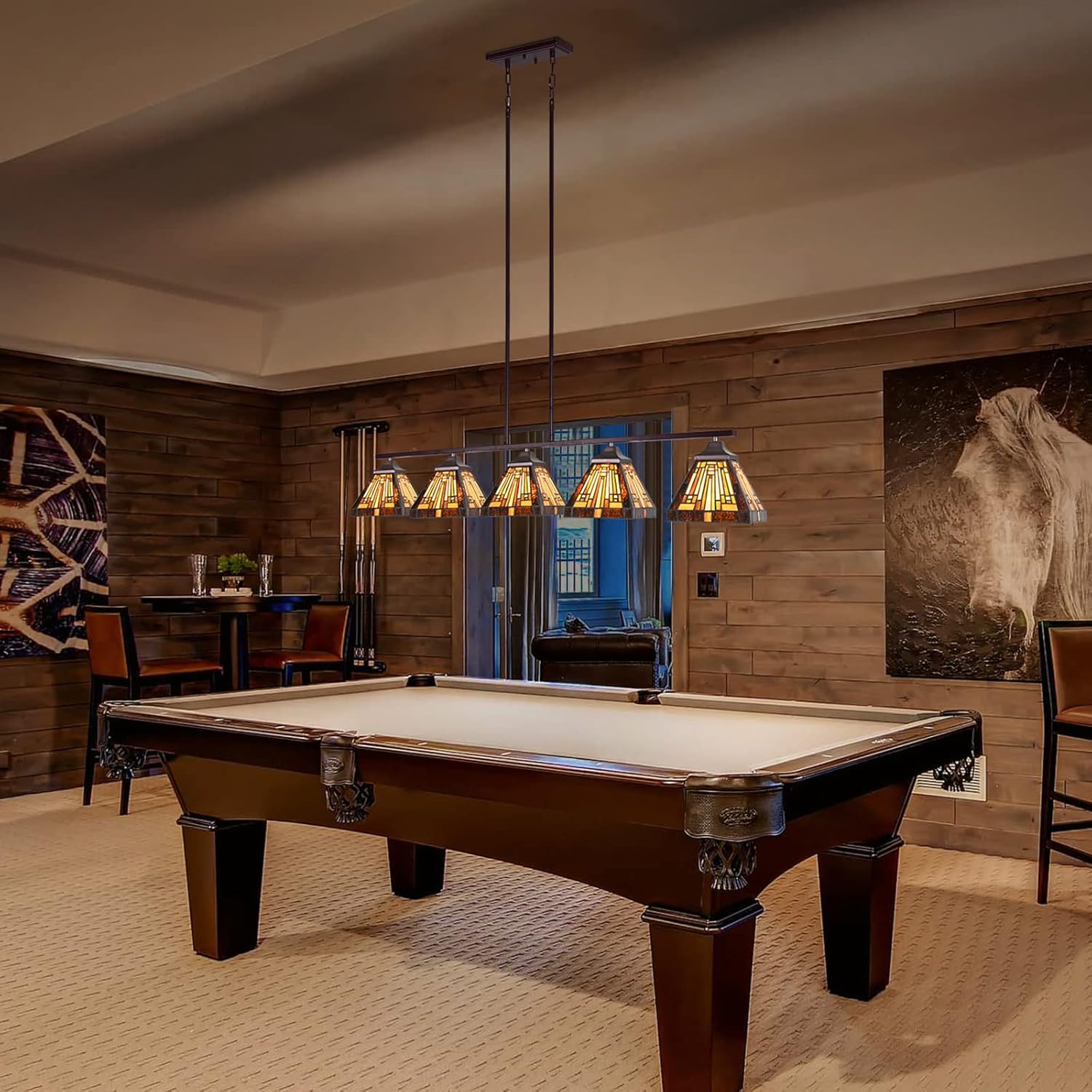 Capulina Tiffany Lamp Stained Glass Pool Table Light Chandelier 5-Lights 7" Wide Antique Amber Brown Tiffany Style Hanging Lamp Pendant Light for Dining Room Kitchen Island Foyer Billiards Bar