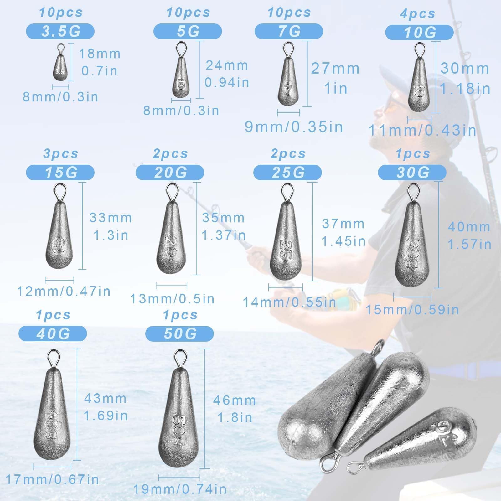 44 Piezas Plomo para Pesca, Diez tamaños, Kit de Pesas para Pesca, Kit de Pesas de Pesca, Plomos de Pesca, Kit de Plomo para Pesca, Plomo de Pesca con Forma de Gota, Kit de Plomo para Pesca