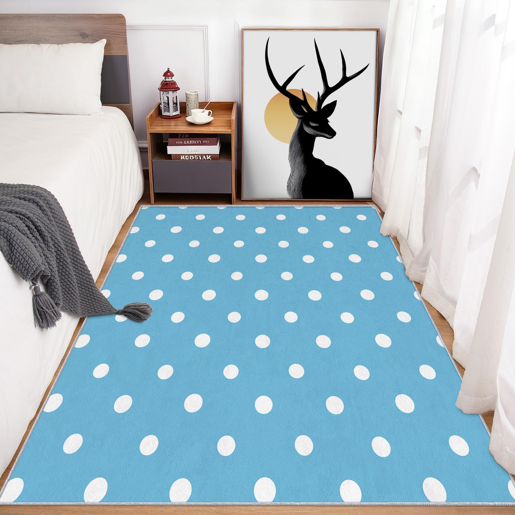 Tapis salon bleu blanc à poils ras doux et tapis antidérapant