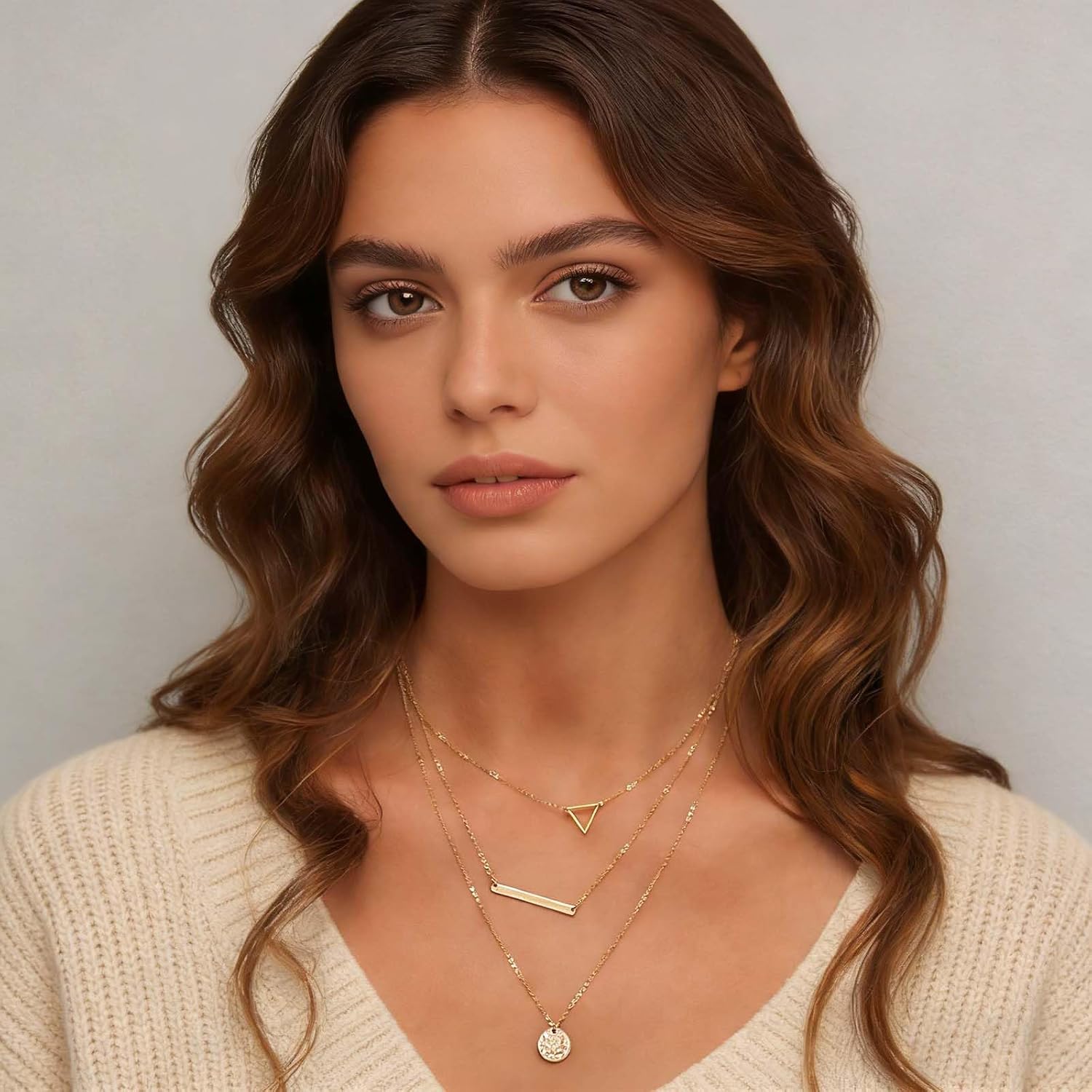 Andelaisi Layered Disc Coin Choker Necklace Gold Coin Pendant Necklace Vintage Triangle Necklace Multilayer Horizontal Bar Chain Necklace Jewelry for Women - Image 2