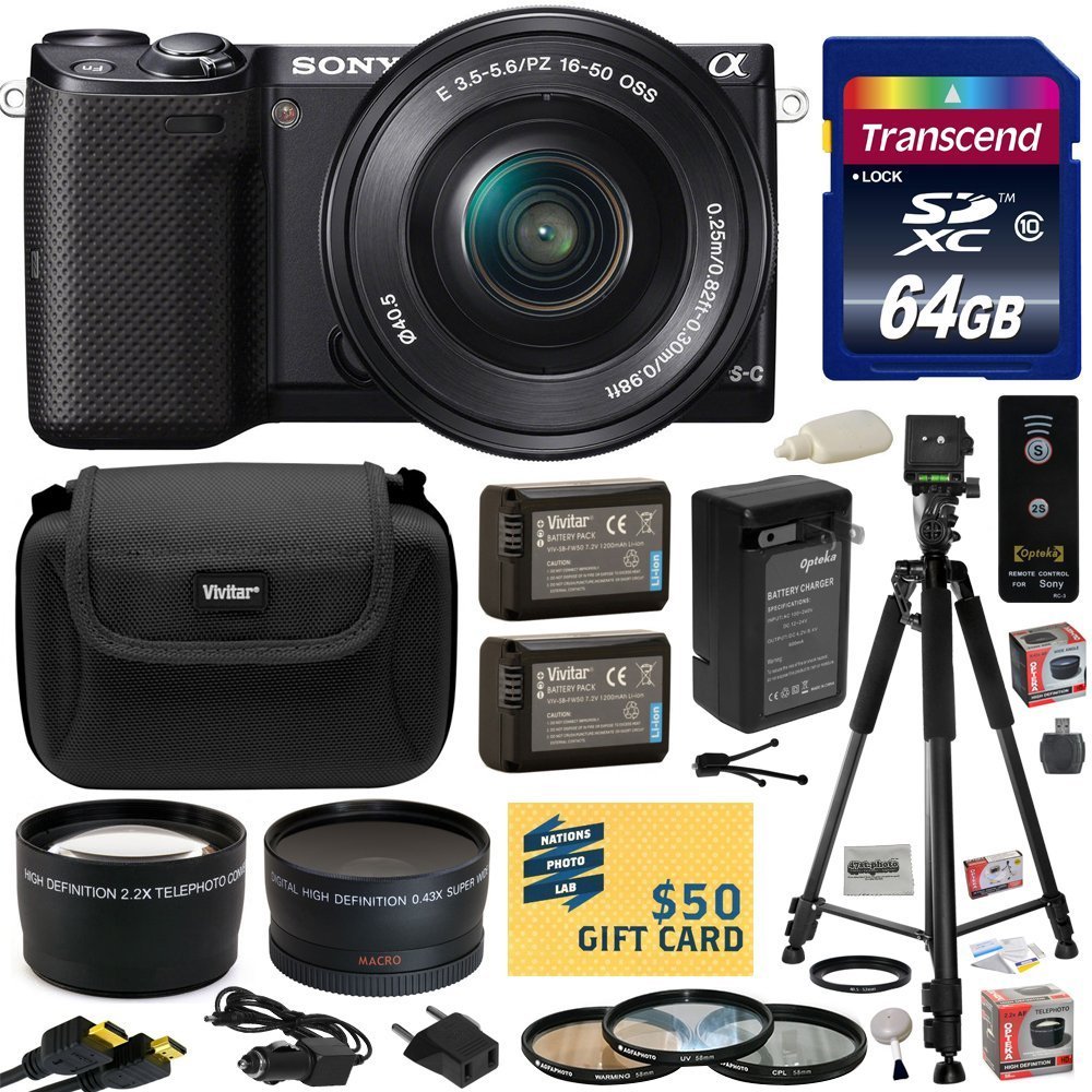 Sony NEX5 NEX-5 NEX-5TL/B NEX5TL NEX5T Compact Interchangeable Lens Digital Camera with 16-50mm Power Zoom Lens with Advanced Accessories Kit includes 64gb High-Speed SDHC Card + USB SD Card Reader + (2) Extra Battery + Battery Charger + 3 Piece High Definition Filter Kit + Macro Fisheye Lens + HD Telephoto Lens + Wireless Remote Control + HDMI Cable + Deluxe Carrying Case + Professional 60" Tripod + Lens Cleaning Kit including LCD Screen Protectors Photo Print