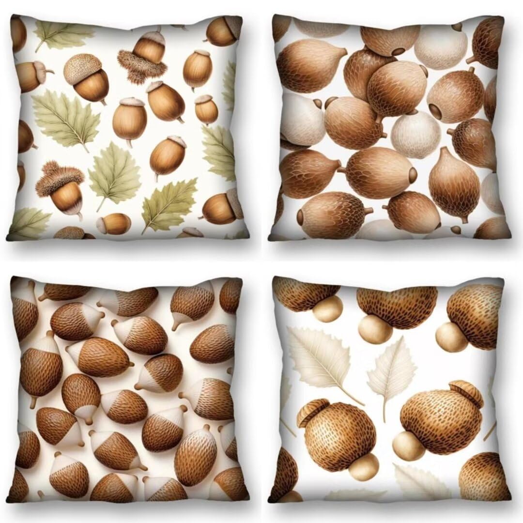 Juego de 4 Fundas de Cojines 70x70 cm Cojines Bellota Hojas Funda Cojin Cuadrados de Lino Fundas Cojines Sofá Cojines Decorativos para Salón Sofá Dormitorio Coche Jardín Silla Decoración del Hogar