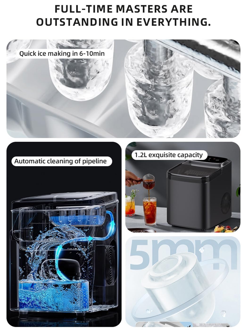 1.2L Mini máquina de Fabricantes de Hielo para encimera - Auto Limpieza, fabrica Cubitos de Hielo Transparentes en 6-10 Minutos | Portable y pequeño, bajo Ruido | para casa, Cocina, Oficina White