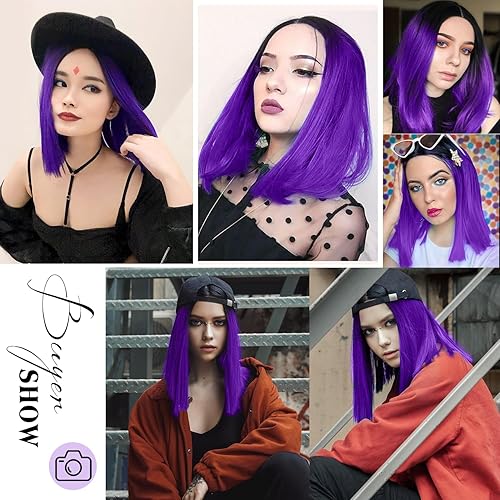 Miniatura 6 de Fancy Hair Ombre Purple Short Straight Wigs Middle Part Shoulder Length Purple Dark Roots Natural Synthetic Wigs for Women Daily Party Cosplay Raven