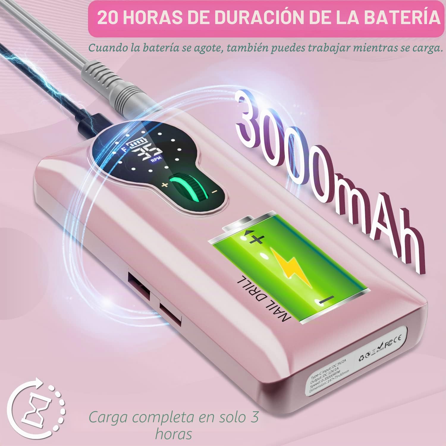 Torno para Uñas Profesional 35000 RPM, Autonomía 20H Lima Eléctrica Inalámbrica para Uñas de Gel y Acrílico, Kit con 13 Brocas y 56 Bandas de Lija, Pantalla LCD, Rosa (S506)