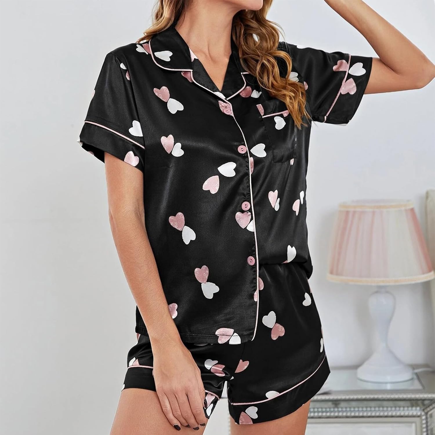 ICNGLKSND Women Satin Heart Short Pajama Set 2PCS Lounge Lingerie with Chest Pocket Button Up Nightshirt Baggy Bottom Shorts - Image 2