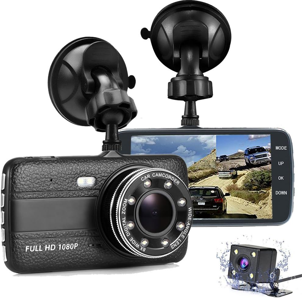 Dash Cam Front and Rear, FANZY 4'' HD Screen Dual Cam Blackbox, FHD 1080P 170° Wide Angle Car Camera Recorder with Parking Monitor, Night Vision, G Sensor, Motion Detection, Loop Recording
