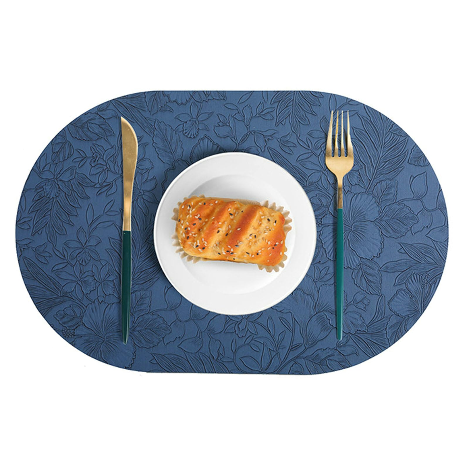 Daesar Tischsets Abwaschbar Oval 30x43CM, Platzdeckchen 8er Set Dunkelblau mit Muster Blumen Wasserdicht Modern Platzsets Leder rutschfest für Holztisch Esstisch Gartentisch