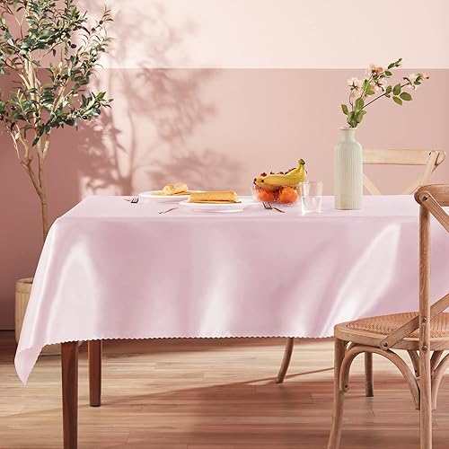 Miniatura 3 de Homiest 1 paquete de mantel de satén de 60 x 84 pulgadas, color rosa claro, mantel de mesa rectangular sedoso, manteles de satén para boda,