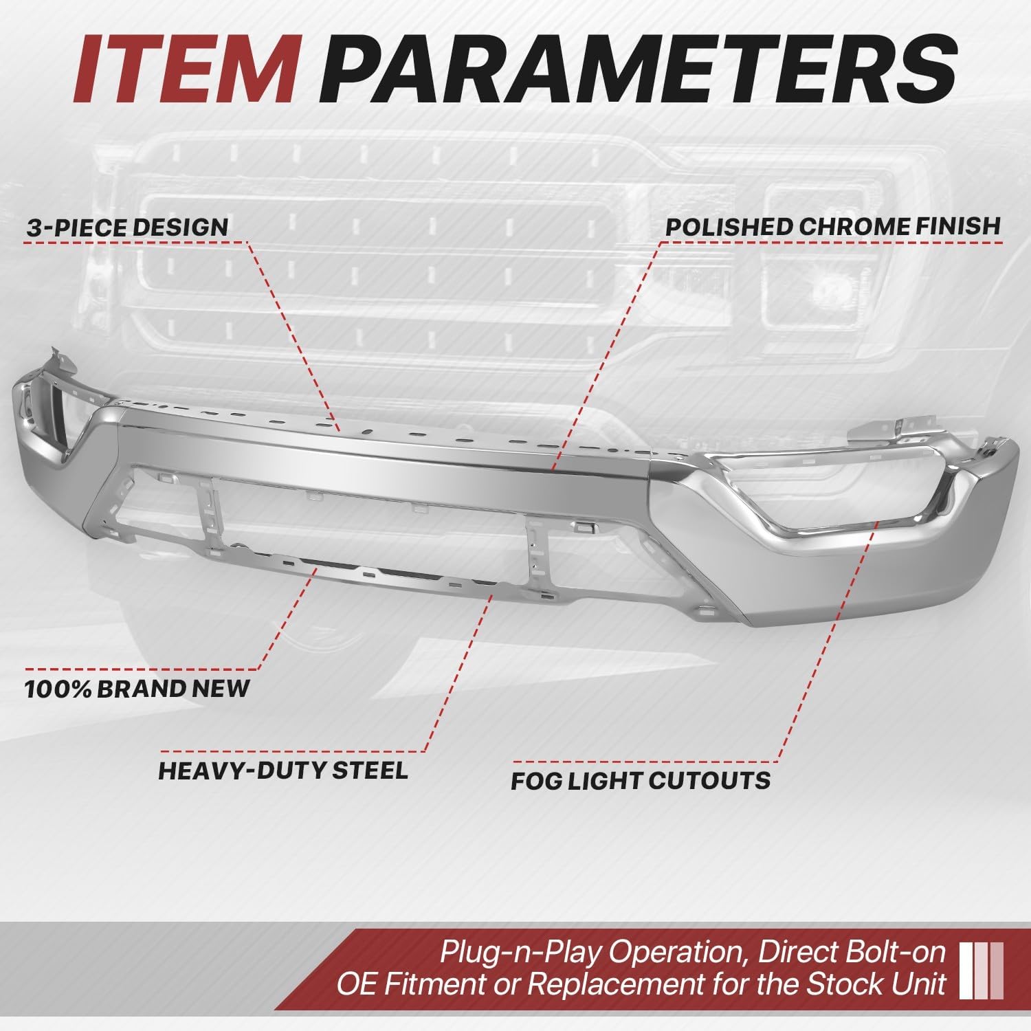 Steel Front Bumper Cover Face Bar Compatible with 2021-2023 Ford F-150 3-Piece Modular Design FO1002461 ML3Z17757BPTM (Chrome, without Parking Sensor Holes)