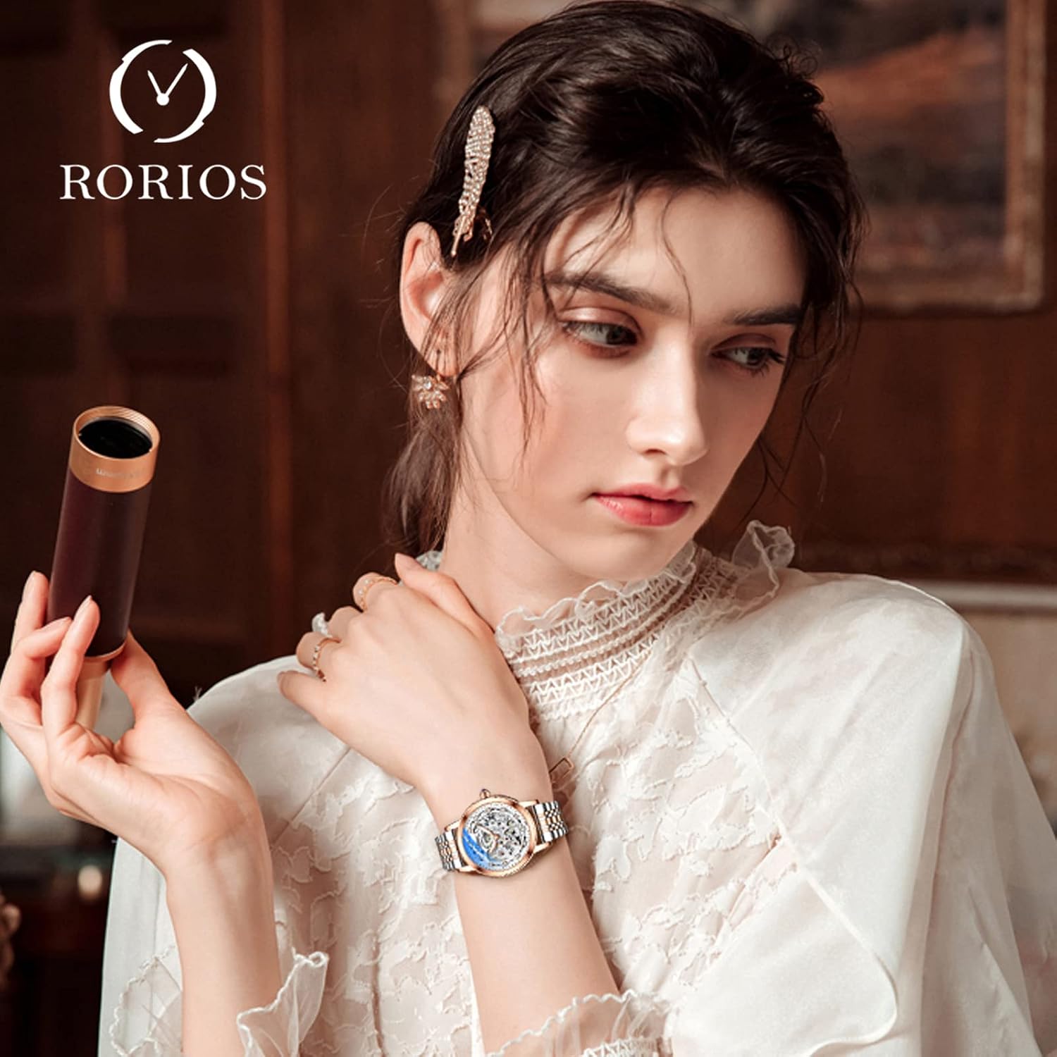 RORIOS Women Watches Automatic Self-Winding Watch with Leather Strap Tourbillon Mechanical Wristwatch Fashion Luminous Watch for Ladies