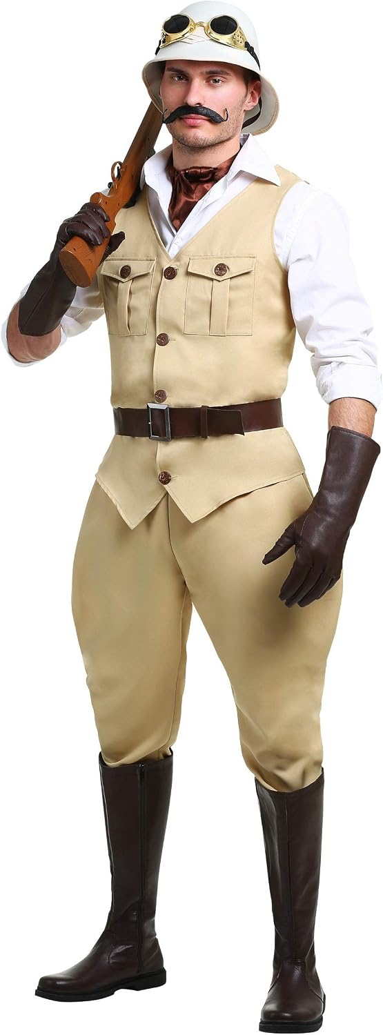 Fun Costumes Men's Safari Hunter Expedition Costume Includes Vest, Jodhpur Pants, Pith Helmet, Gloves, Belt, Goggles Small
