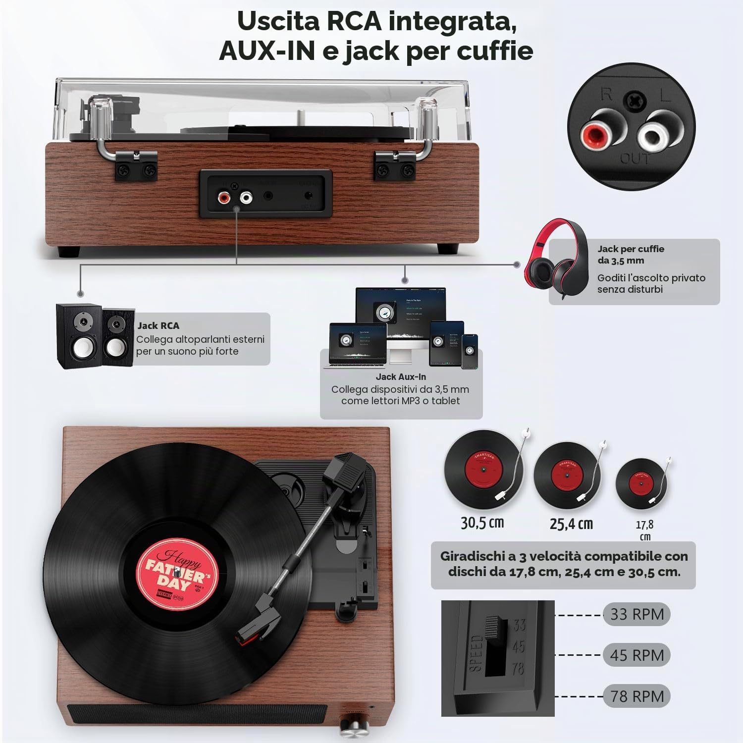 FYDEE Giradischi Vinile Vintage 3 Velocità 33/45/78 Giri Bluetooth Altoparlanti Integrati Auto-Stop RCA AUX Cuffie Mogano