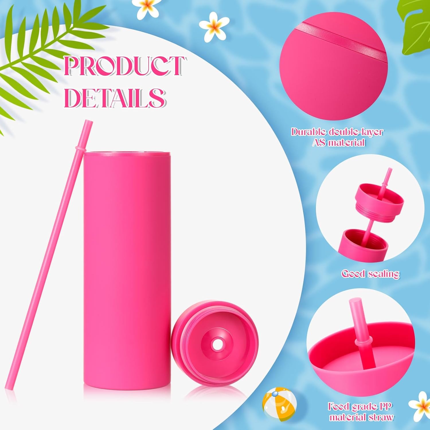 Baderke 4 Pack 16 oz Skinny Tumblers with Lid and Straw Matte Multicolor Reusable Double Wall Plastic Cup Coffee Travel Drinking Mug for Valentine Day Girl Women Home Birthday Gift (Pink) - Image 3