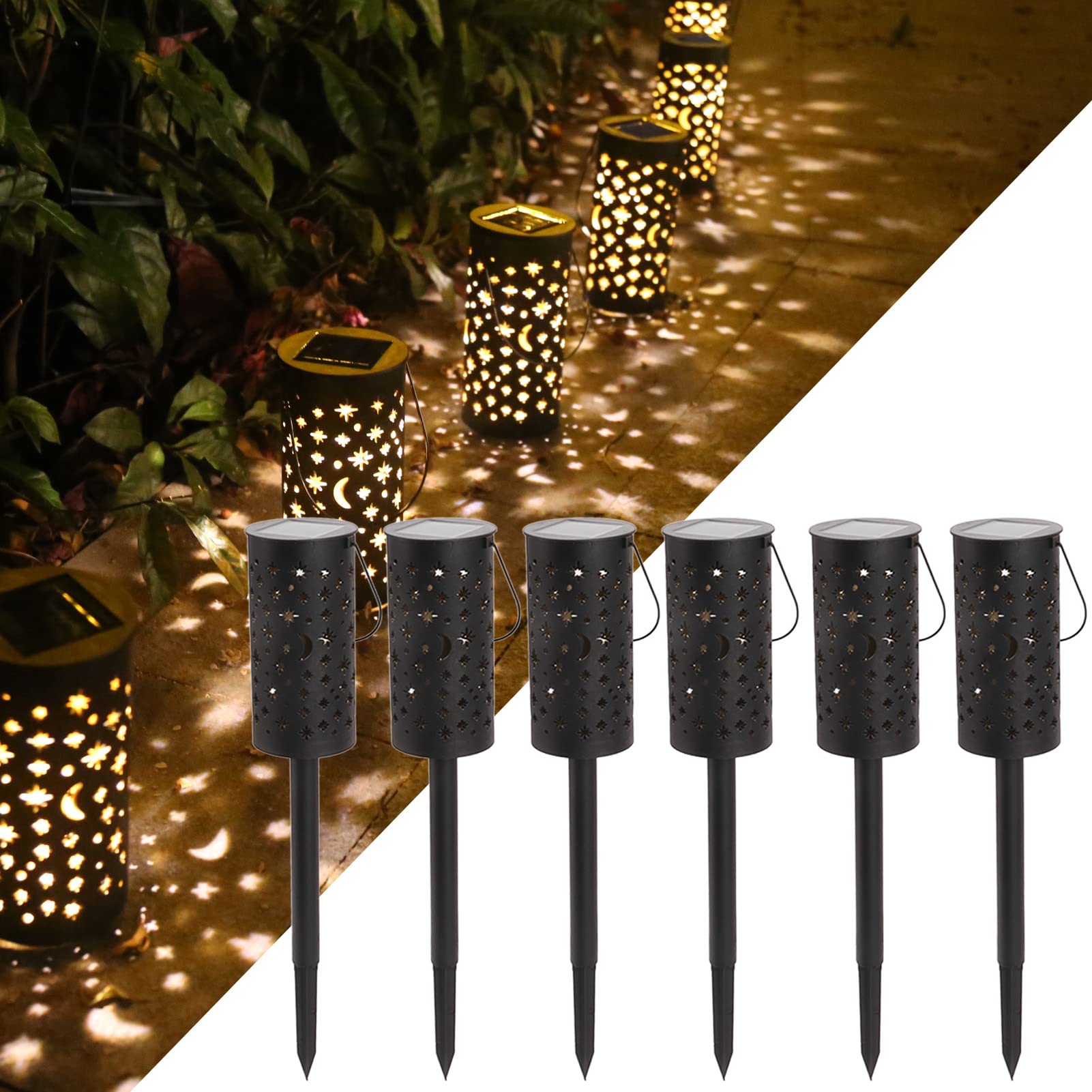 6pcs Solar Pathway Lights Moon Star Hollow Out Solar Garden Lights Wasserdichte Landschaftslichter mit Gartenpfahl Outdoor-Rasen-Patio-Gehweg