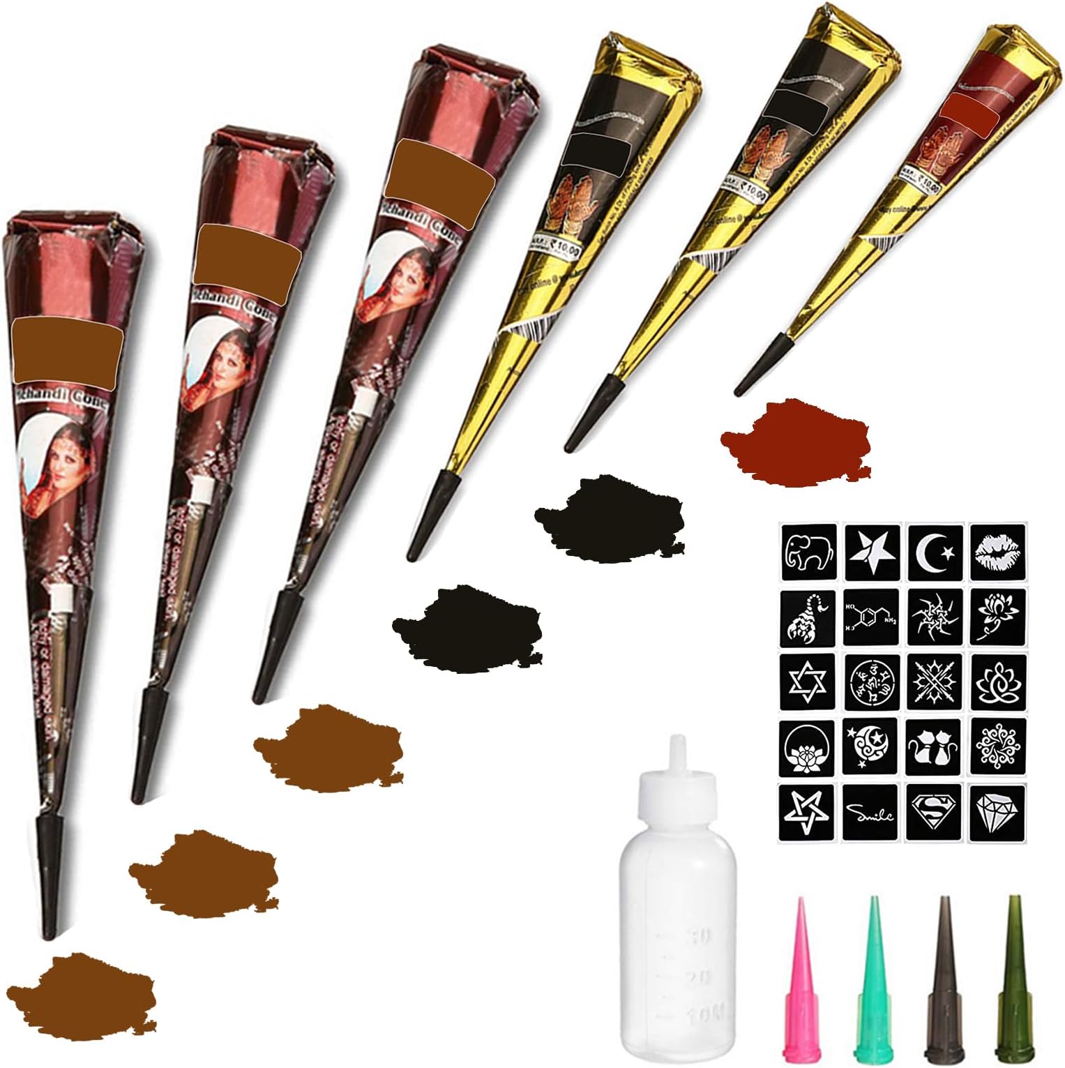 Temporary Tattoos Kit, 6Pcs Semi Permanent Tattoo Paste Cones, India Body DIY Art Painting for Women Men Teens,Summer Trend Freehand Plaste with 3 Colors,20Pcs Adhesive Stencil,1Pc Bottle,4Pcs Nozzles