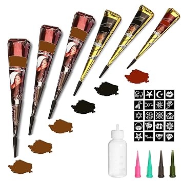 Temporary Tattoos Kit, 6Pcs Semi Permanent Tattoo Paste Cones, India Body DIY Art Painting for Women Men Teens,Summer Trend Freehand Plaste with 3 Colors,20Pcs Adhesive Stencil,1Pc Bottle,4Pcs Nozzles
