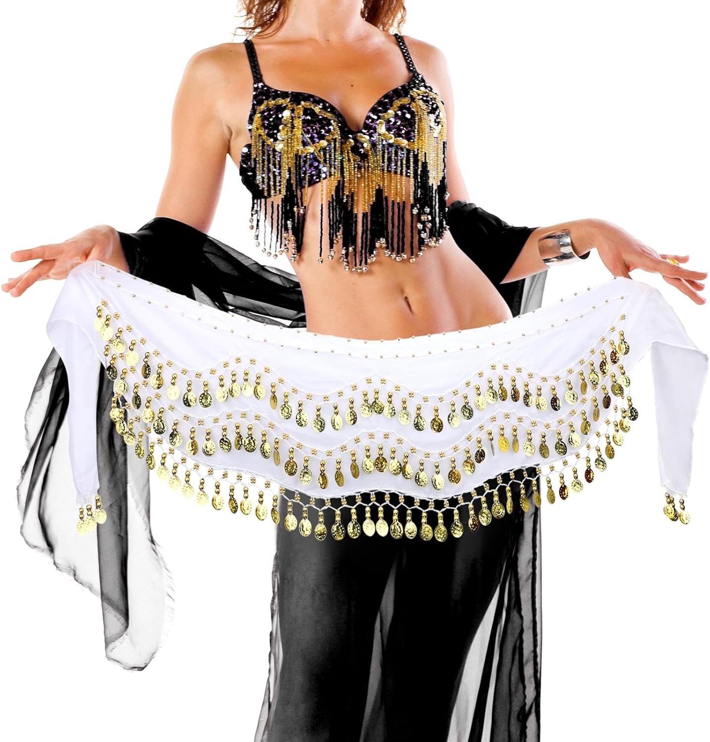 Belly Dance Hip Scarf, Women's Chiffon Belly Dancing Scarf with 128 Coins for Yoga Class - Image 2