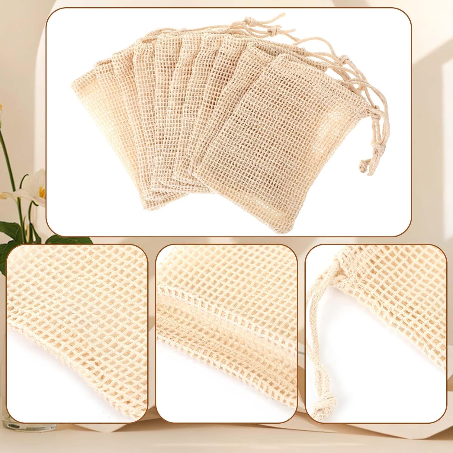 COMNICO 10 PCS Soap Bags Natural Sisal Soap Saver for Foaming and Drying Bubble Mesh Soap Scrubber Pouch Handmade Cotton Bag with Drawstring Body Facial Cleaning Bath Shower Tool image 4