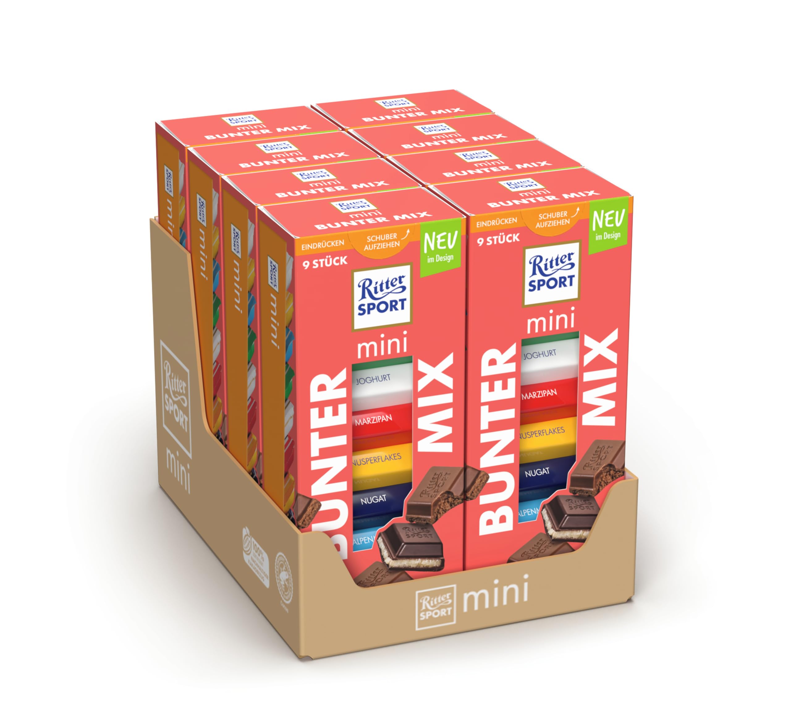 Ritter Sport mini Turm Bunter Mix, verschiedene Schokoladenvariationen, perfekt zum Naschen und Genießen, Geschenkidee, 8 Boxen mit je 150g
