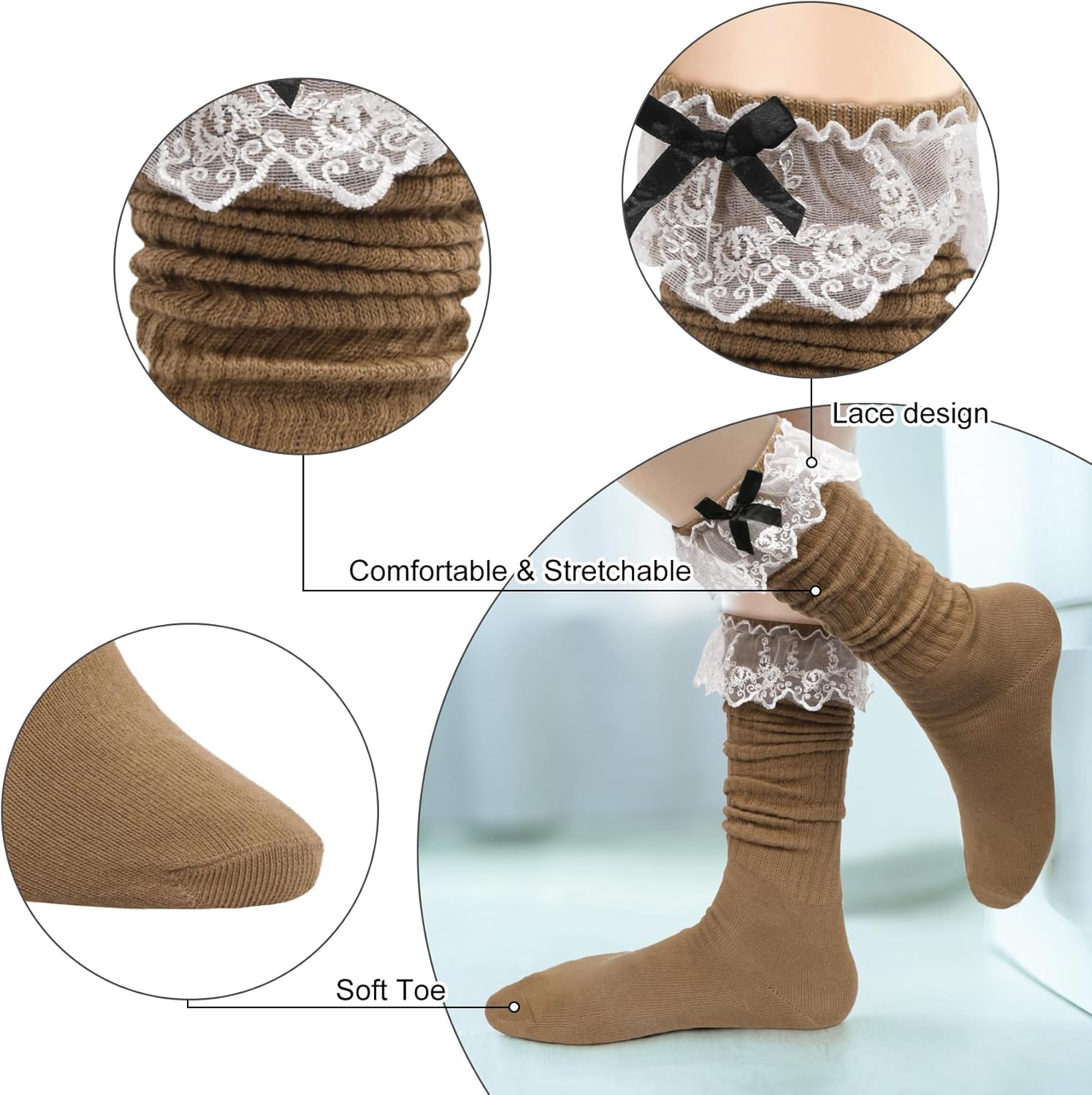 Slouch Socks for Women Long Knee High Socks Women Frilly Lace Ruffle Calf Stacked Boot Sock Scrunch Slouchy Sock - Image 5