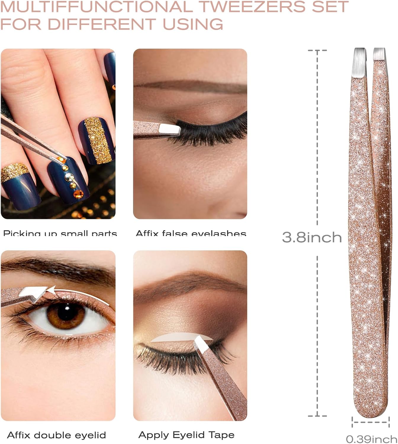 4-Pcs Glitter Stainless Steel Precision Tweezer Set for Eyebrows, Ingrown Hair & Lash Extensions (Rose Gold)