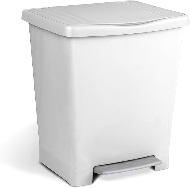 TATAY 23L capacity pedal bin, colour white, and pedal and frame in grey, modern and functional design. It has a frame to hold bags. Made of quality PP and free of BpA. Measures 33.5 x 30x39 cm