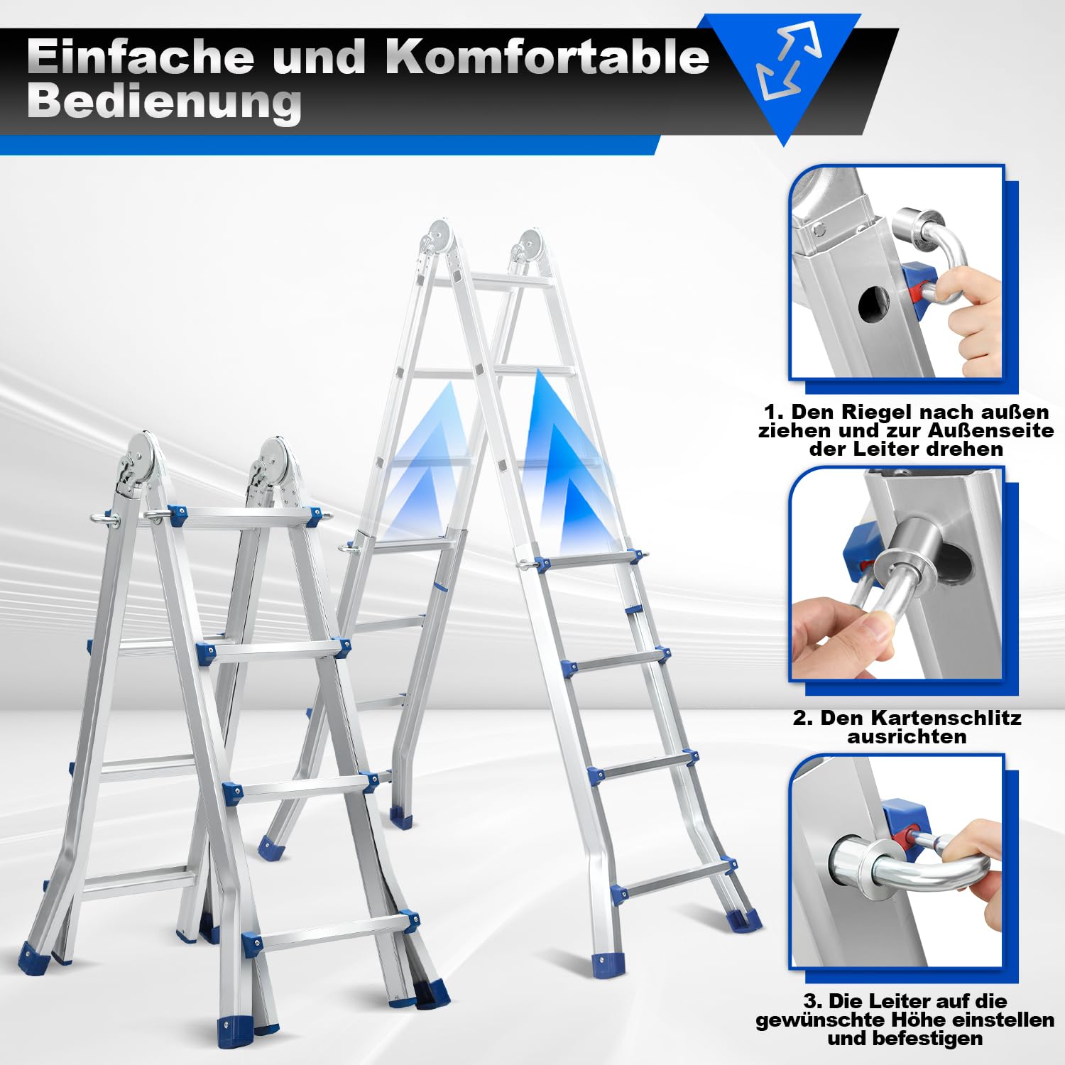 Eulenke Teleskopleiter Aluleiter 4.02m 4x4 Sprossen Mehrzweckleiter, 4 in 1 Klappleiter 150 kg Belastbarkeit, Anlegeleiter, Treppenleiter, Bockleiter, Schiebeleiter