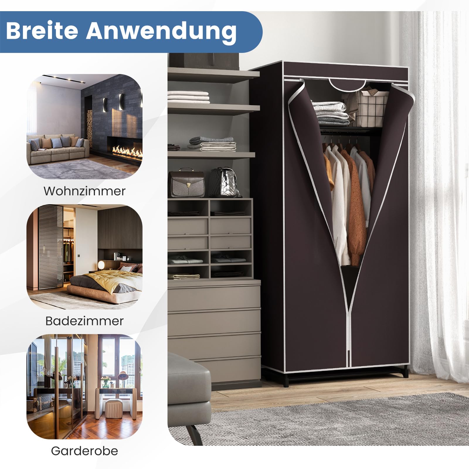 GOPLUS Opvouwbare stoffen kast met ritssluiting, draagbare organizer van textiel, kleine kledingkast met kledingstang, voor slaapkamer, hal, woonkamer, 170 x 75 x 50 cm (zwart