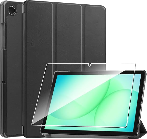 Funda para Samsung Galaxy A11 Plus con Protector de Pantalla, Carcasa Rígida de Alta Calidad, Ligera, PU de Calidad, Anti-Huellas, Resistente a Rayaduras, Negro