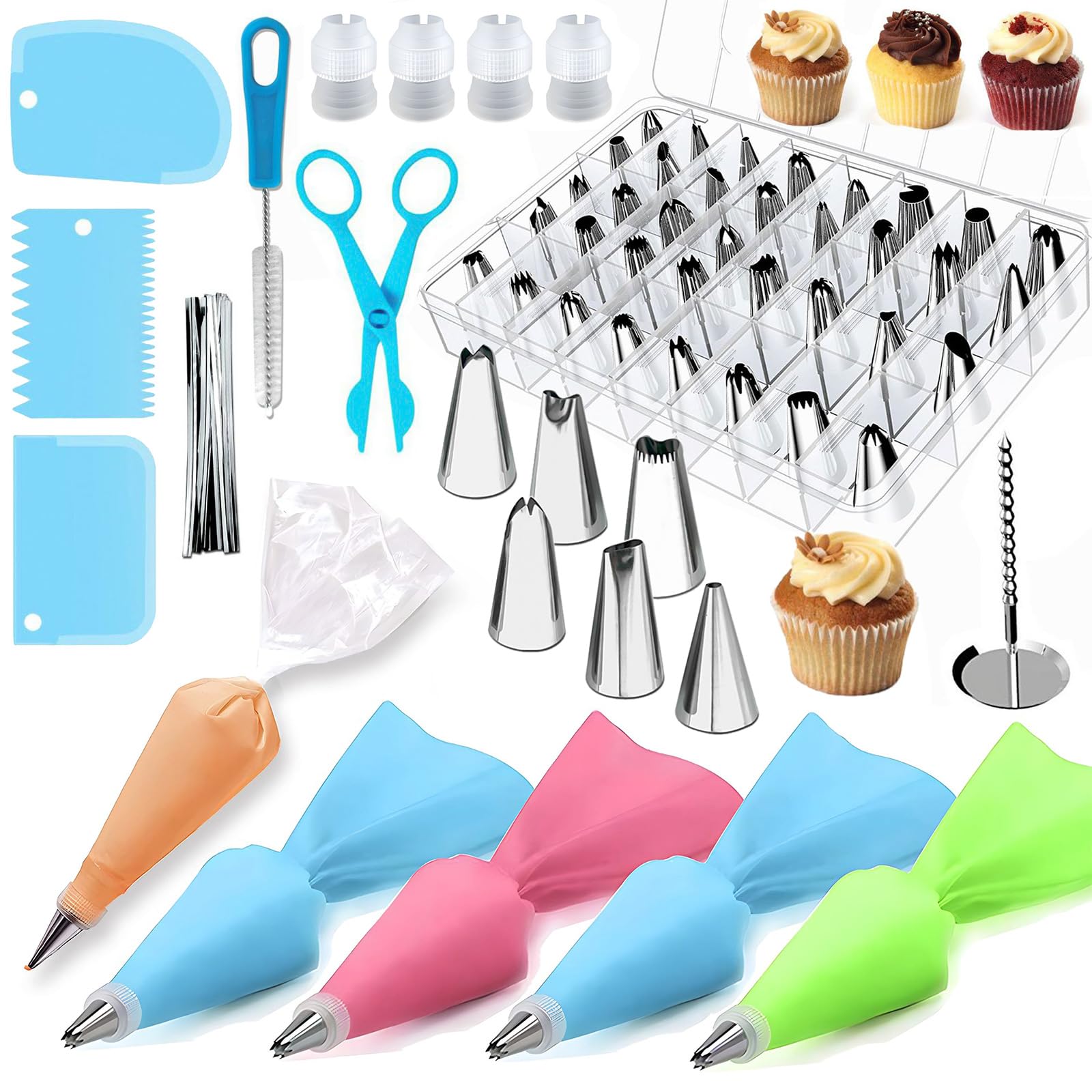 Kit de decoración de pasteles con bolsas de repostería reutilizables, 24 puntas de glaseado y 3 raspadores de glaseado, 72 piezas de suministros para hornear galletas y pasteles