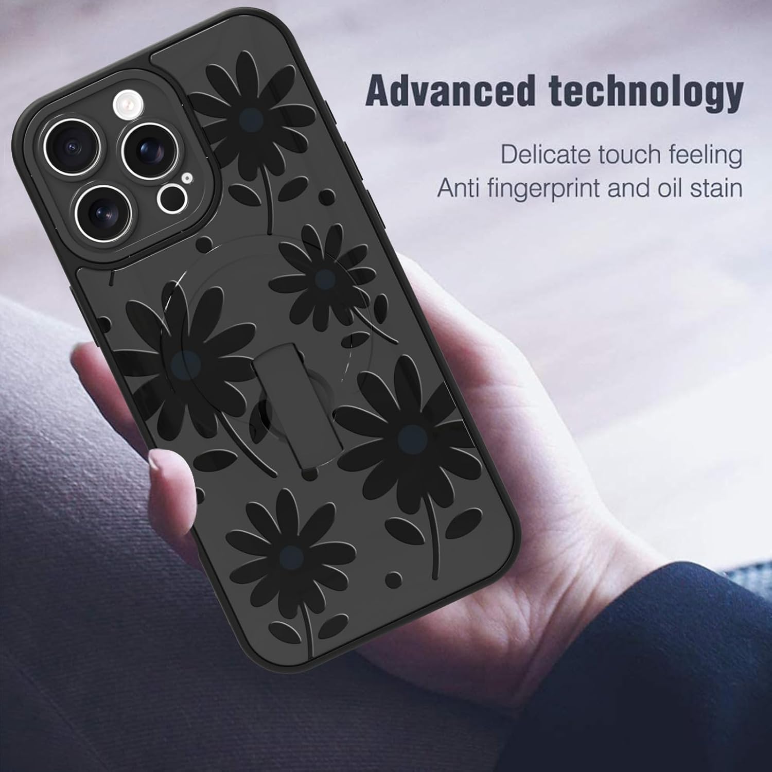 MOWIME Magnetic for iPhone 16 Pro Max Case with Finger Strap, Compatible with Magsafe, Daisy Floral Pattern for Women Girls, Slim Shockproof Soft TPU Case for iPhone 16 Pro Max 6.9 Inch, Black
