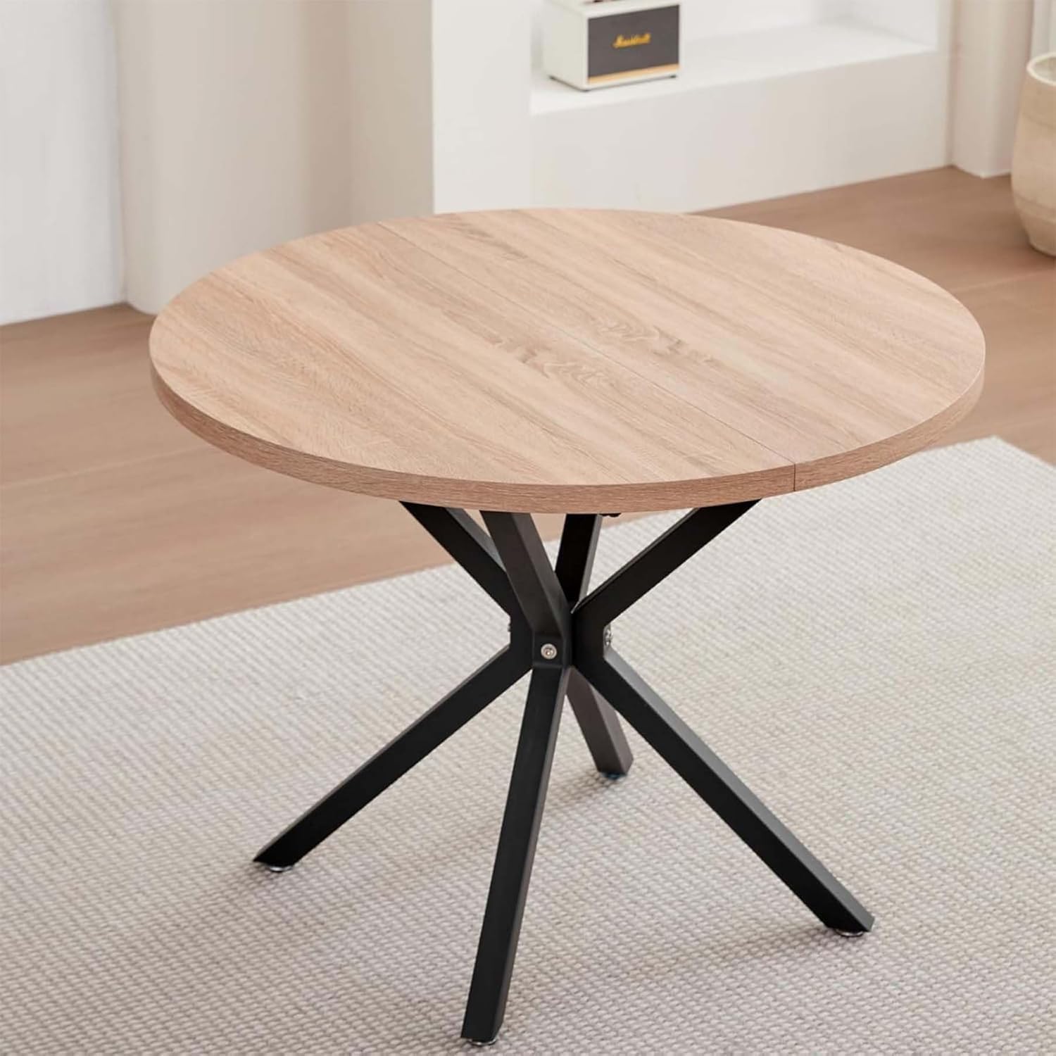 Essgruppe 5-Teilig, 100cm Runder Esstisch und 4 Leinen-Esszimmerstühle, Esstisch und Stühle für 4 Personen, 4 Stühle & Tisch für Küche, Esszimmer und Wohnzimmer (Helle Holzfarbe+Braun)