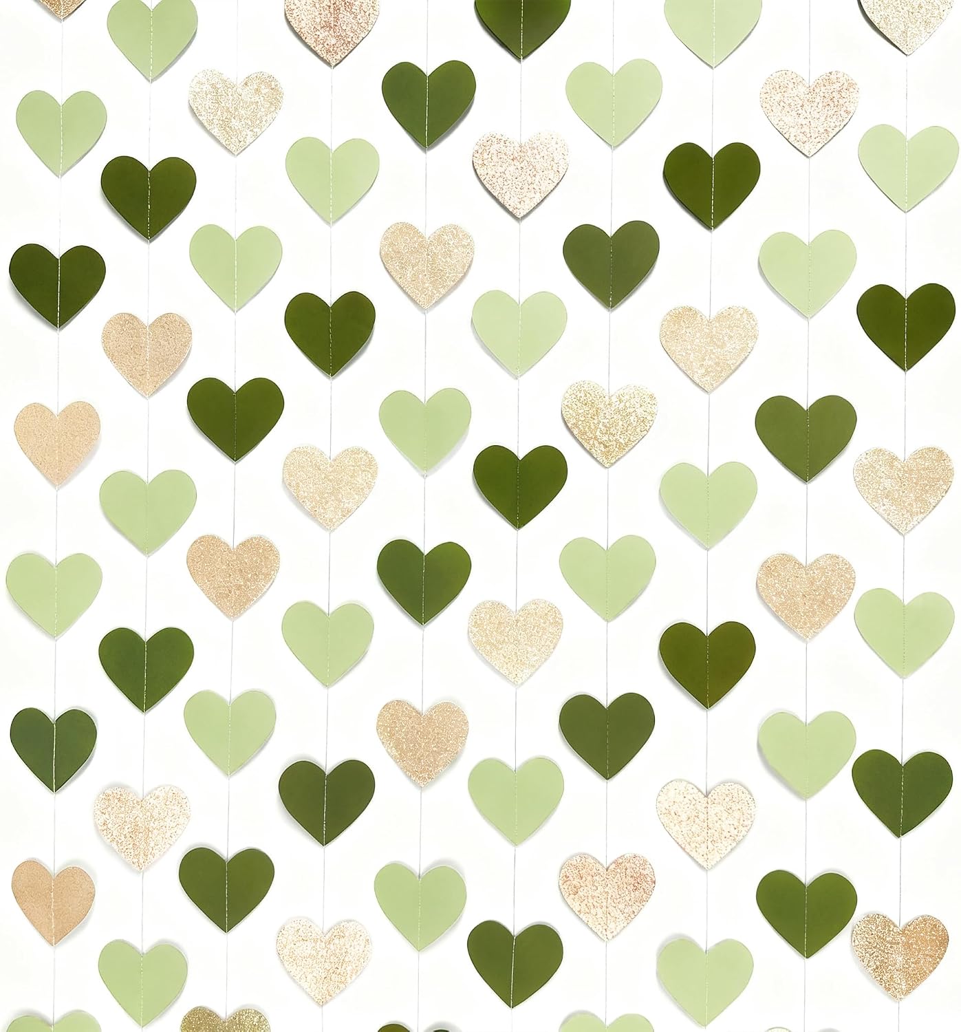 Sage Green Champagne Gold Heart Party Decorations Glitter Champagne Gold Paper Olive Green Love Heart Hanging Garland Banner Streamer for Birthday Wedding Shower Anniversary Valentines Day Party image 3