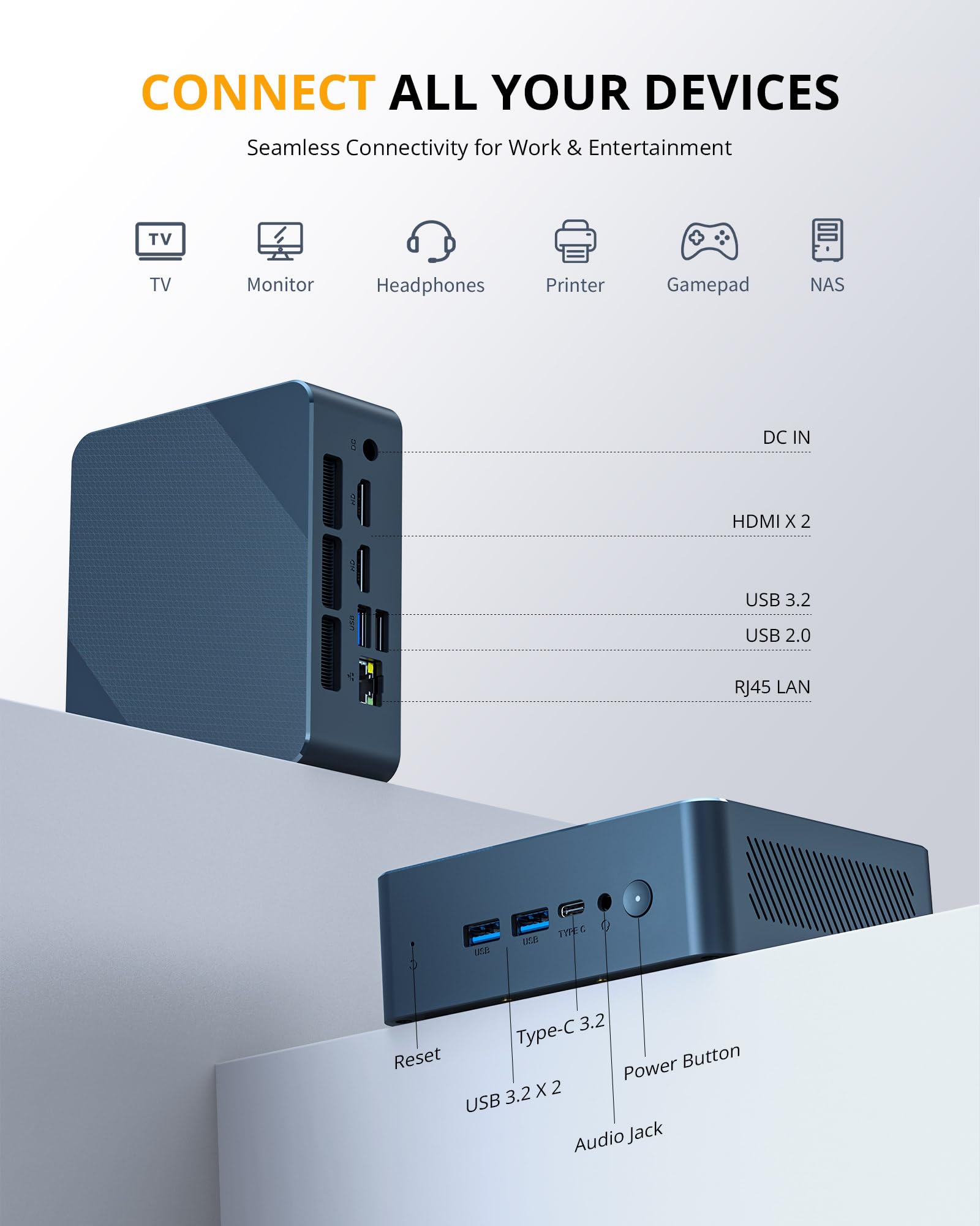 Glorlin Mini PC Ryzen 5 3501U – 8GB RAM, 256GB SSD, Micro PC Desktop mit Triple-4K, WiFi 6 & Bluetooth 5.3, kompakter Mini Computer für Home Office & Büro