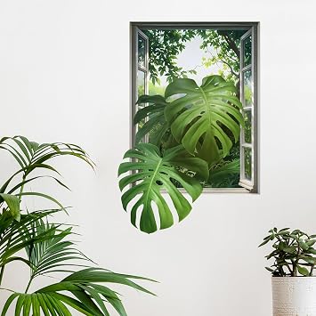 3D Monstera Leaves Fake Window Wall Stickers for Living Room Green Plants Jungle View Wall Decals Removable Peel and Stick Wall Art Home Decor Decoration for Bedroom Bathroom Classroom Library