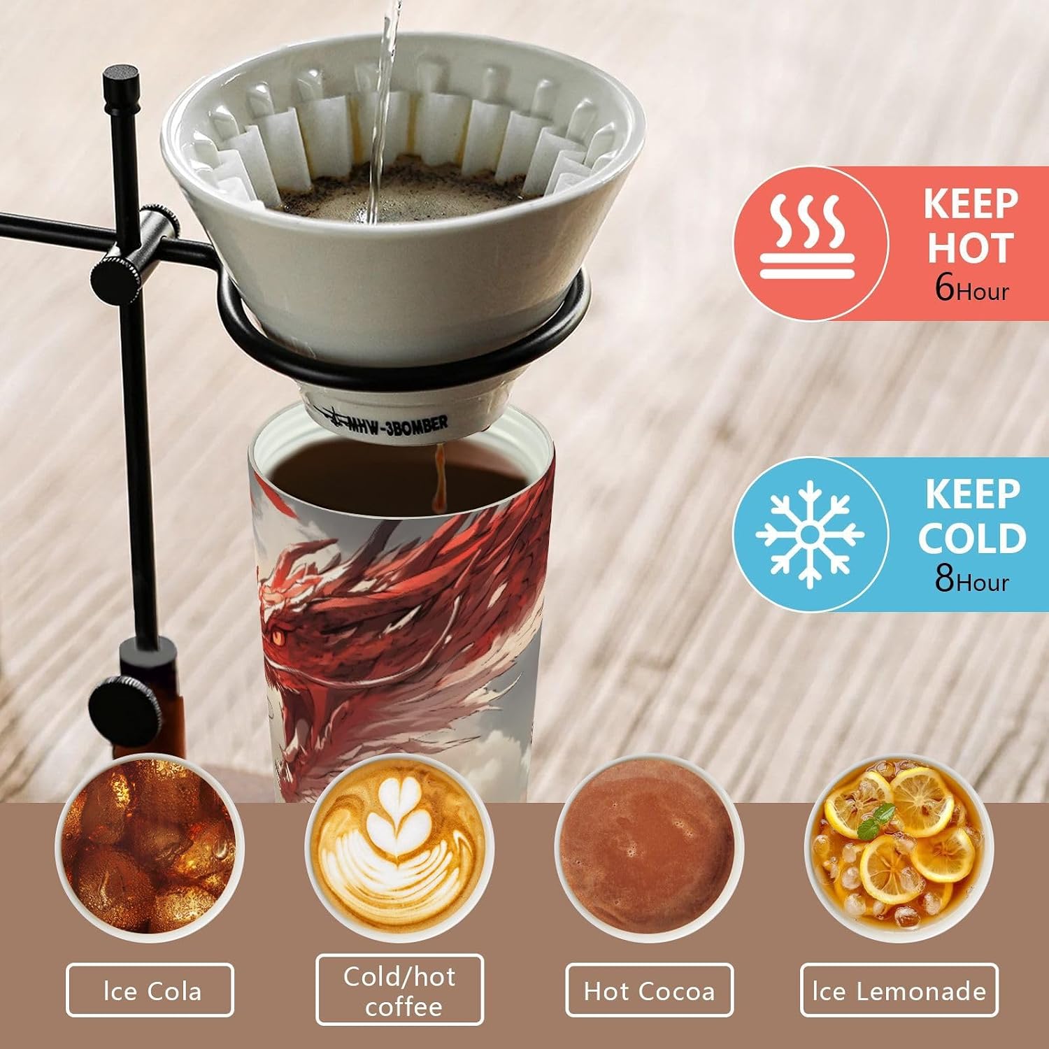 Samurai Woman Dragon Anime Insulated Coffee Mug with Straw & Flip Lid, 16.9oz Iced Tumbler Cup, Double Wall Vacuum Leak-Proof Mug for Travel Office