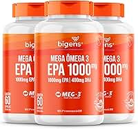 Mega Omega 3, EPA 1000mg + DHA 400mg, Certificado Meg-3, 60 cápsulas, Bigens (Kit 3, Sem Vitamina E)
