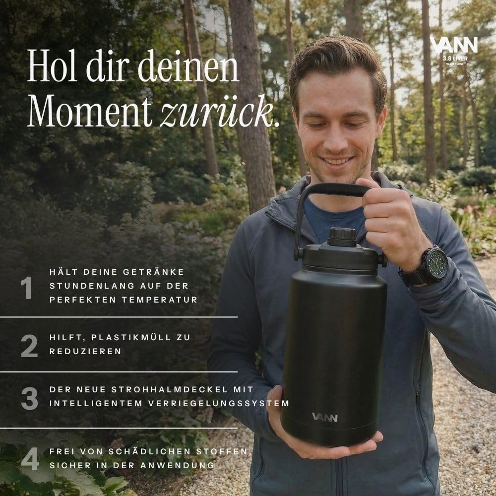 VANN Thermoflasche Groß 3,8L - Trinkflaschen Edelstahl [12h kalt, 8h warm] - Thermo Trinkflasche, ideal als Wasserflasche für den Innen- und Außenbereich - BPA-Frei - Schwarz