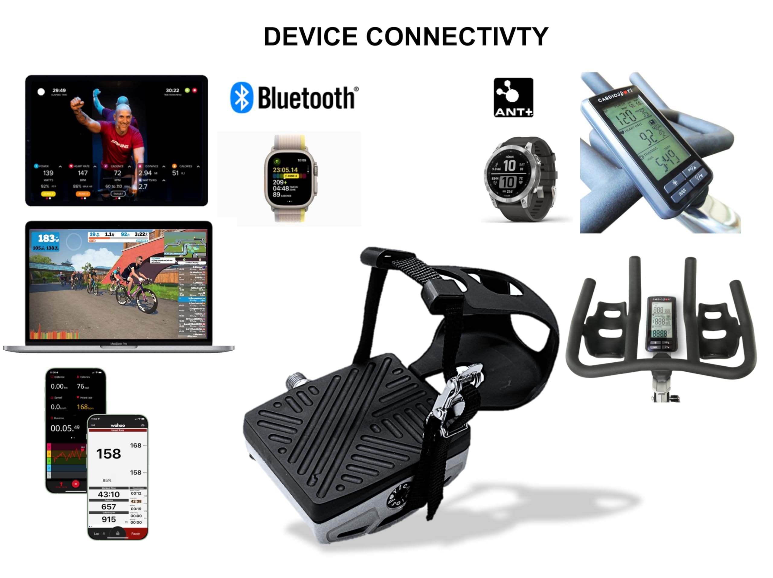 CARDIOSPORT Power Pedal Power Meter per Cyclette, Bluetooth ANT+ Compatibile con: Zwift, Rouvy, Spinning Connect, Garmin, Apple Watch.