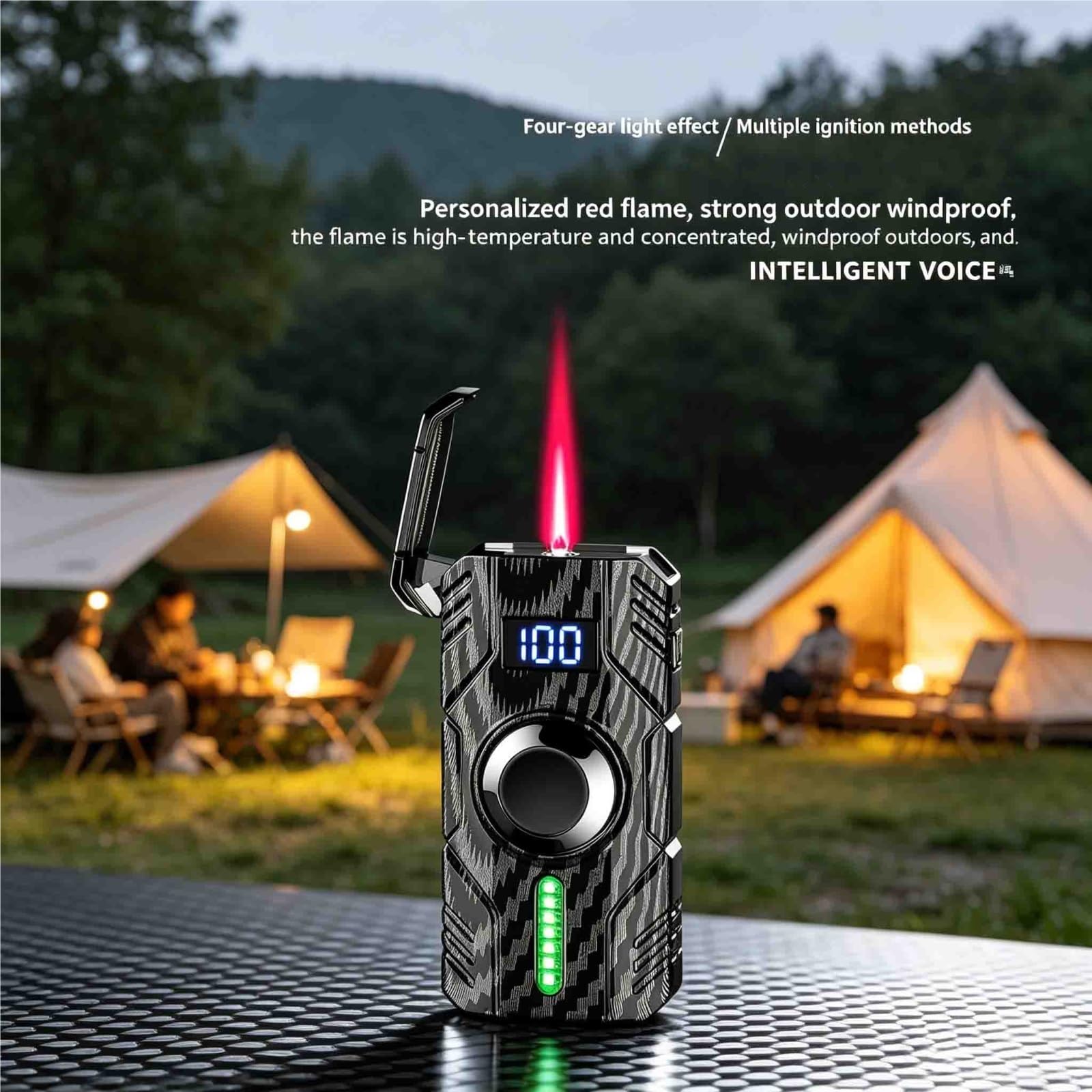 Briquet portable à jet de butane avec lumière LED et indicateur de niveau de gaz, cadeau rechargeable pour lui, parfait pour le camping, les barbecues et les activités de plein air