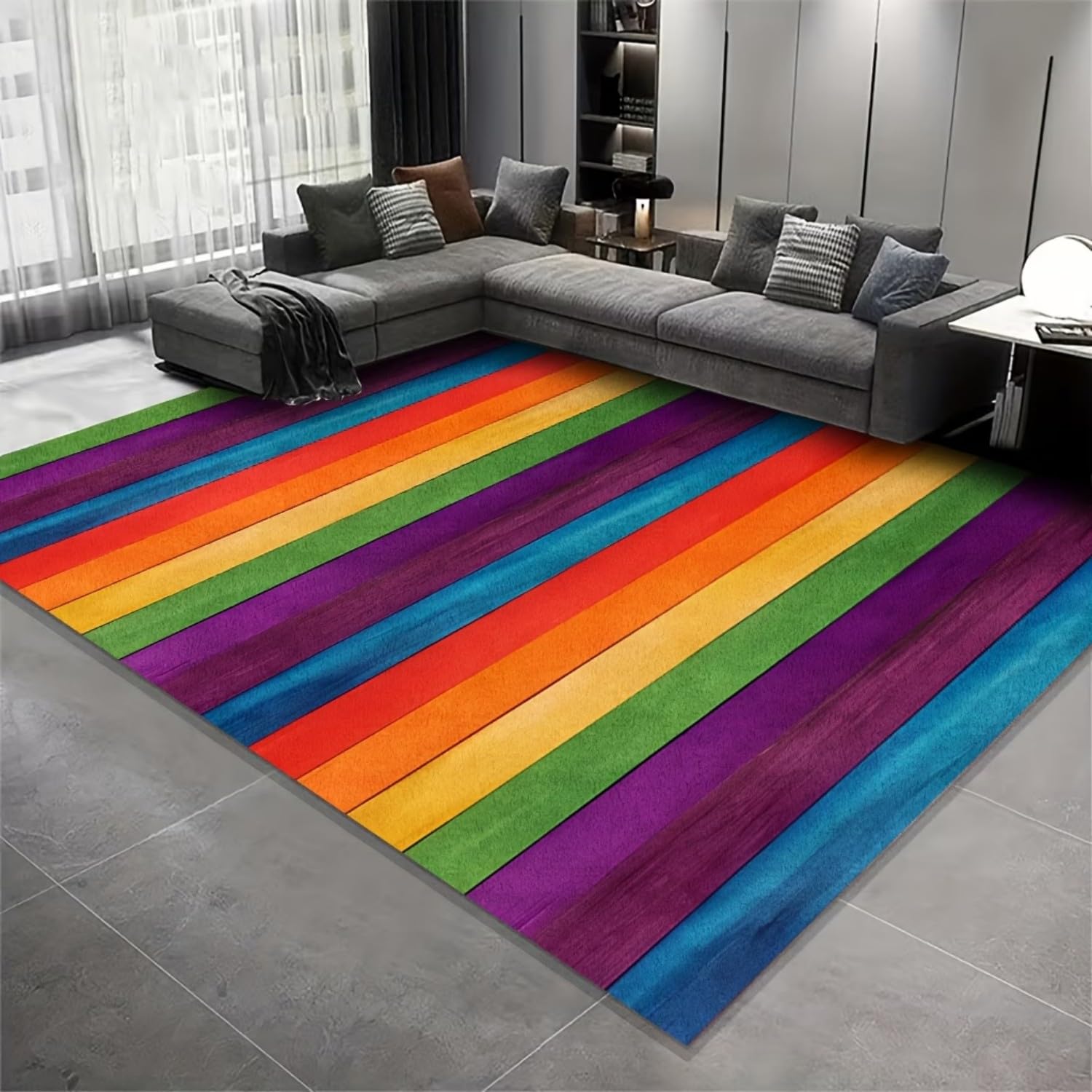 RICAUOU Rainbow Wood Grain Area Rug, 180x300cm Retro Colourful Timber Plank Effect Pattern Carpet, Large Non-Slip Washable Rustic Striped Rugs for Living Room Bedroom, Playroom Decor